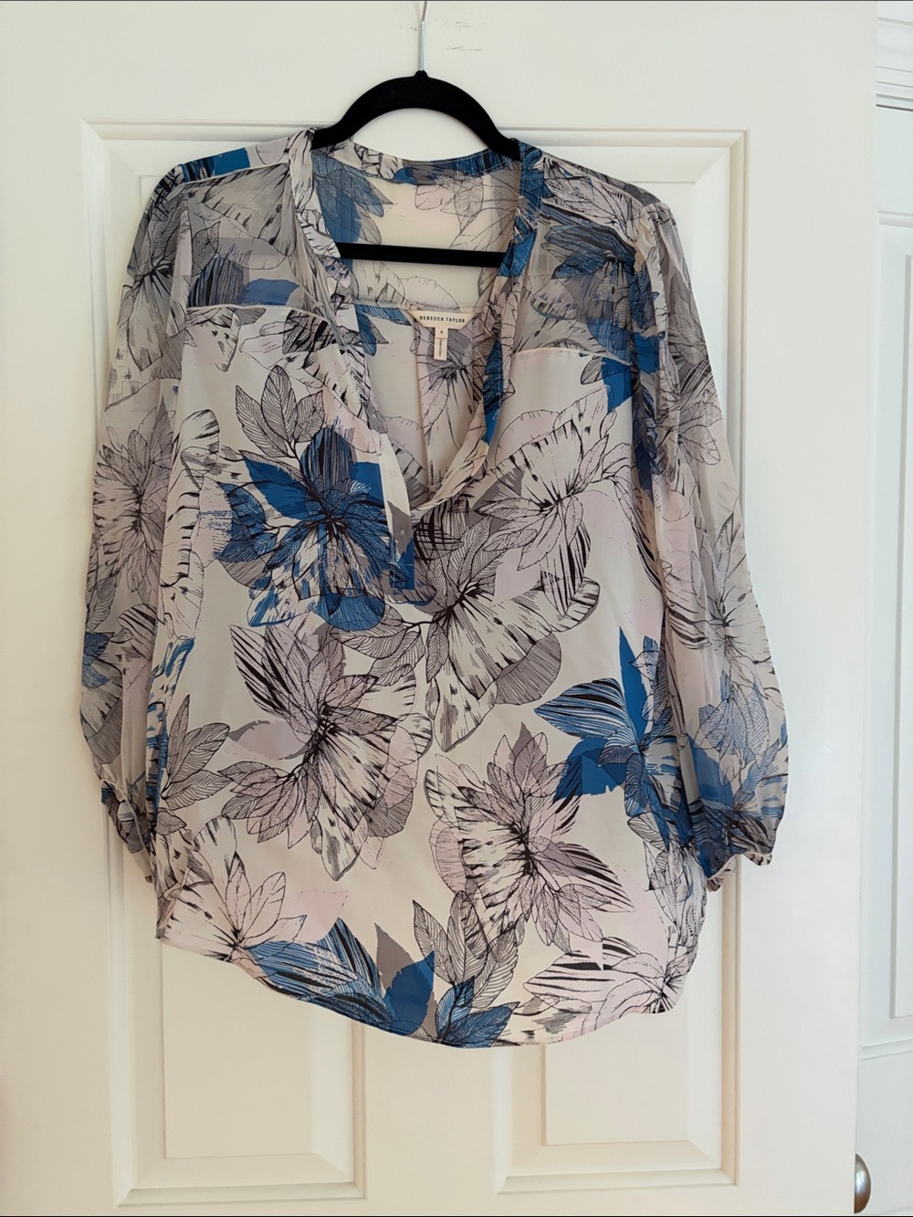 Rebecca Taylor Blue and Gray Floral Sheer V-Neck Blouse